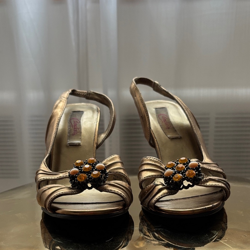 Candie's Gold Peep-Toe Slingback Heels